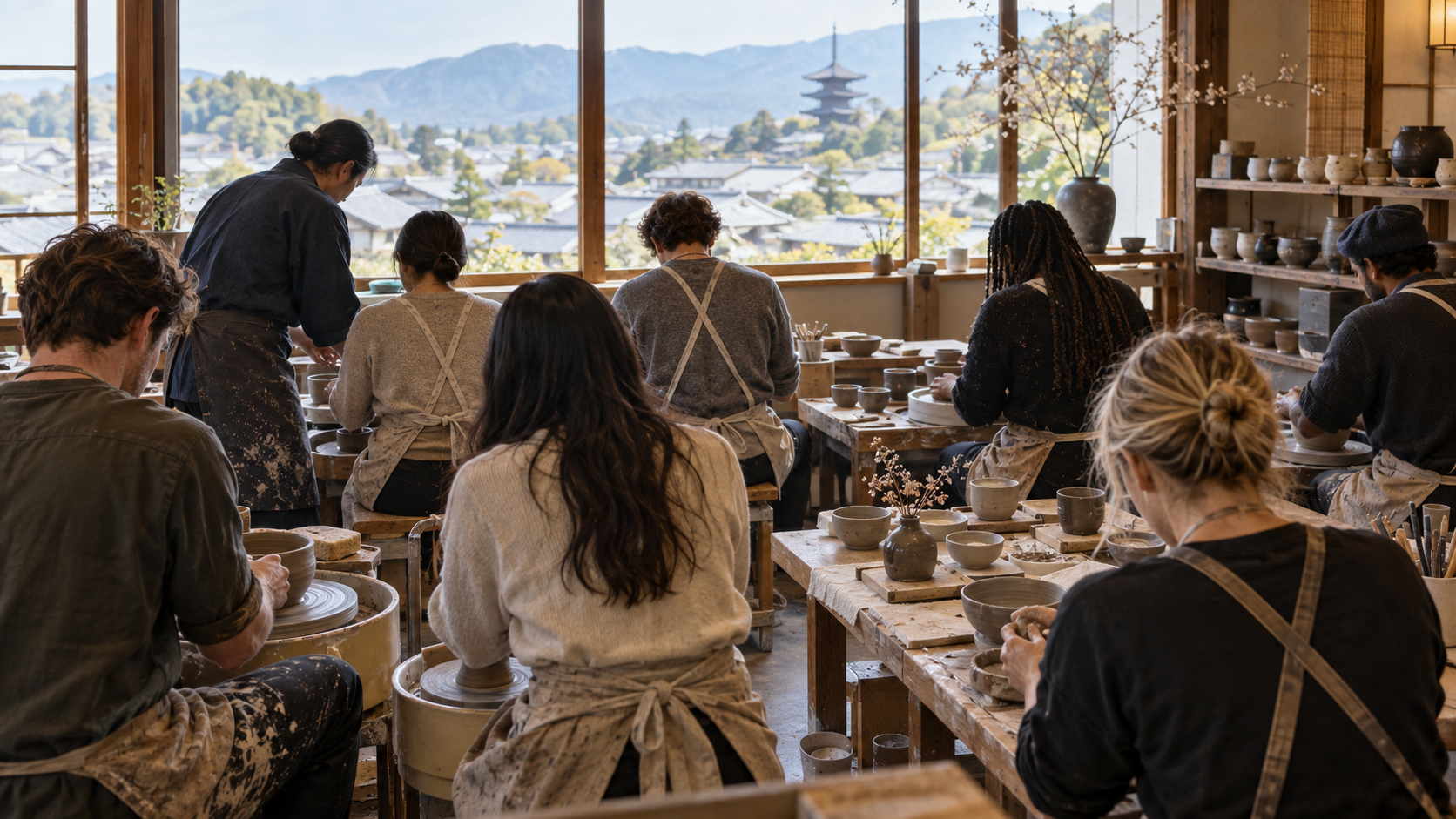 Travellers seen from behind making pottery together in a Japanese workshop
