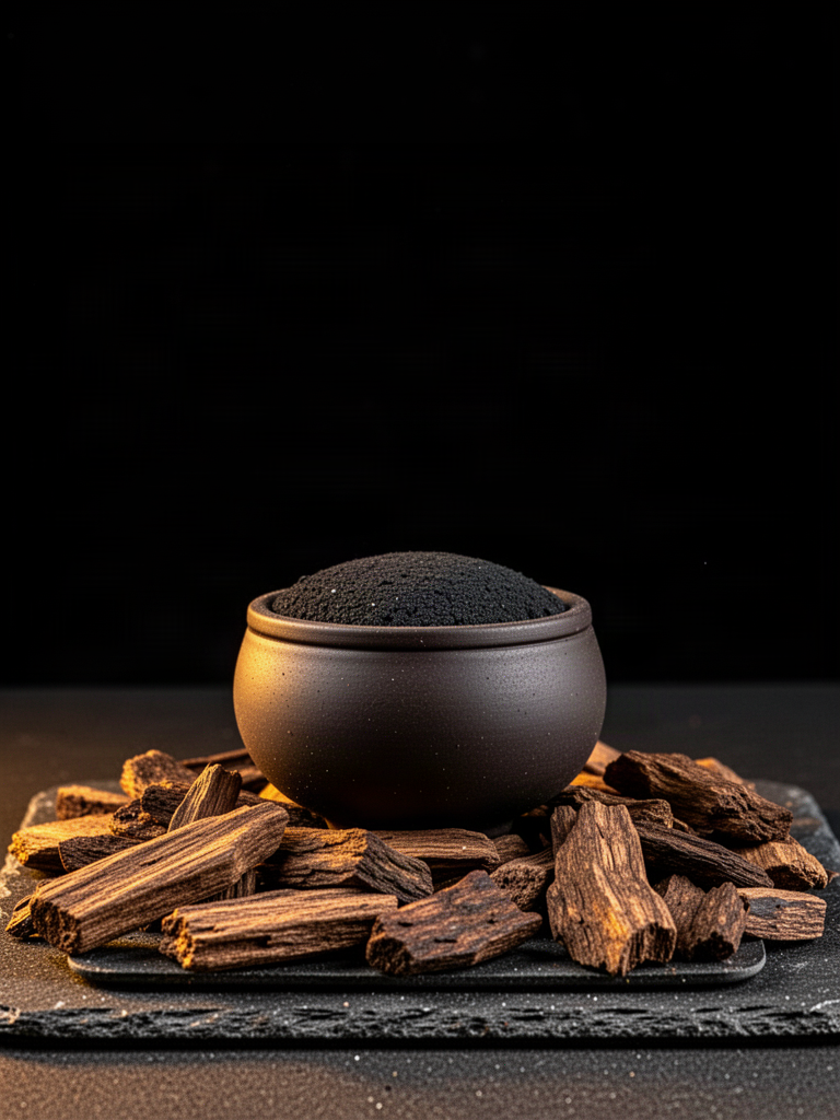Concept image of resinous agarwood chips and softly curling incense smoke