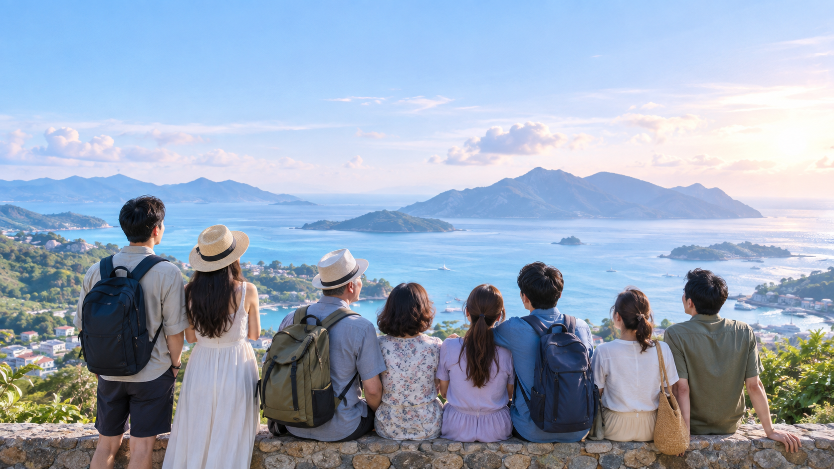 Buddy Experience friends sharing a scenic view of the sea and mountains together